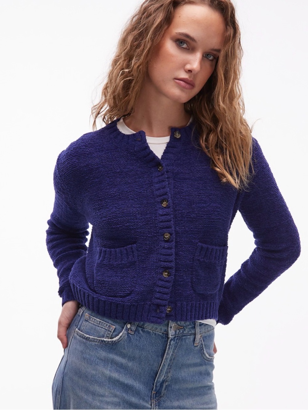 ARKET cotton rich crew neck cardigan in navy